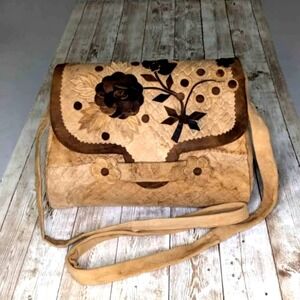Handmade Amadou Mushroom Leather Bag Floral Folk Art Eco Vegan Suede‎ Purse